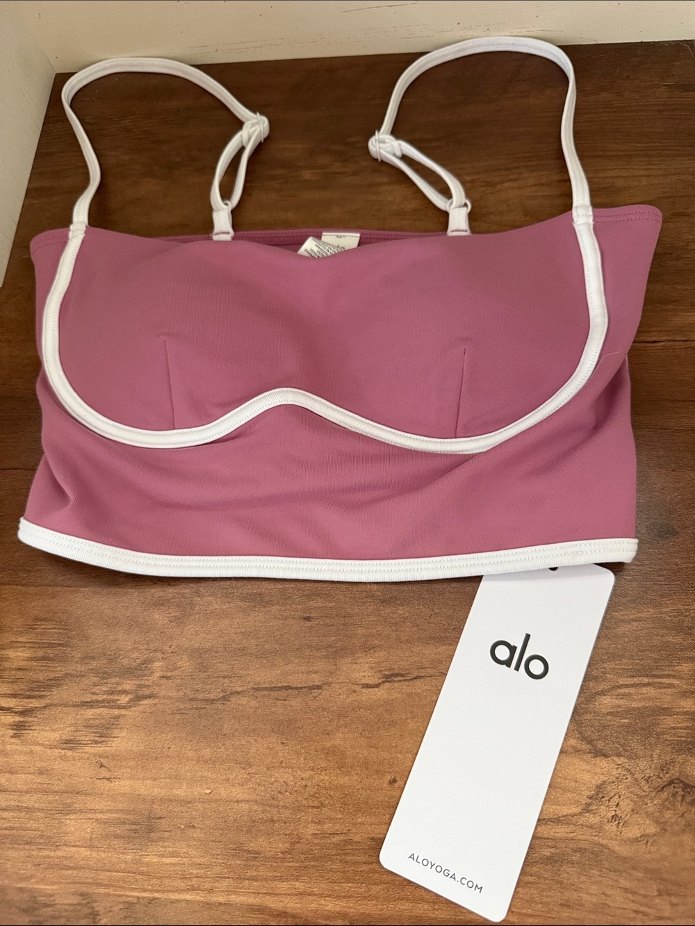ALO Yoga Rose Pink Crop Bralette with White Trim